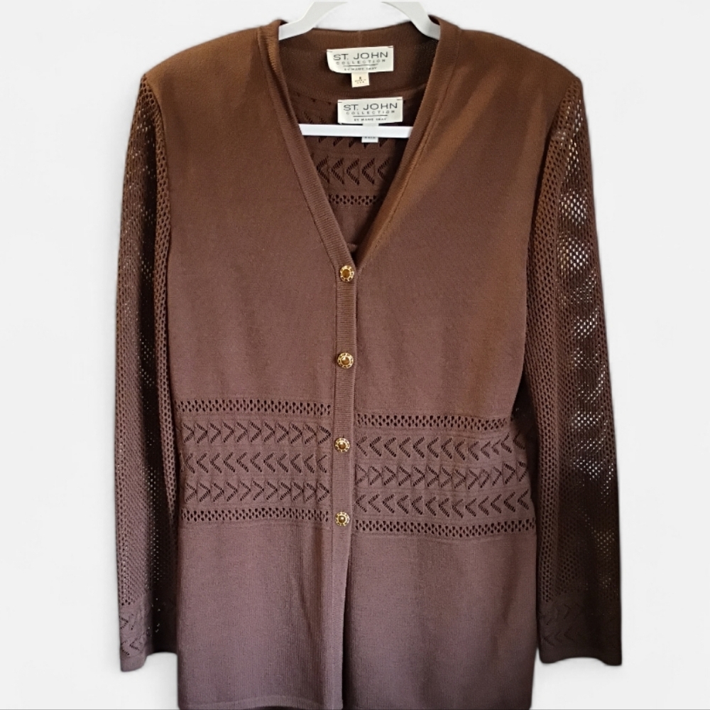 St. John Collection Santana Knit Brown Cardigan Gold Buttons Size 8 Evening